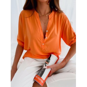 Popular Short Sleeve Stand Collar Loose Button Shirt Top for Women