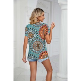 Spring Summer Golden Lace V Neck Petal Short Sleeve Floral T Shirt Top