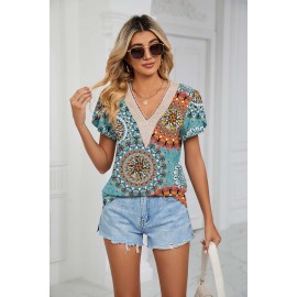 Spring Summer Golden Lace V Neck Petal Short Sleeve Floral T Shirt Top