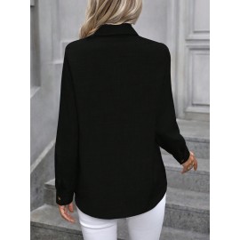 Spring Summer Casual Single Breasted Solid Color Color Matching Long Sleeve Collared Shirt Women Top