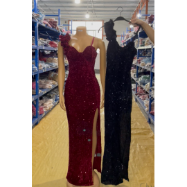 Women Wear Solid Color Sexy Suspenders Sequined Maxi Dress Slit Evening Dress