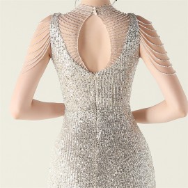 High Neck Fishtail Evening Dress Pearl Embroidery Sequined Crystal Diamond Decorations Red Carpet Wedding Cocktail Dress