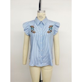 Retro Vacation Striped Embroidered Flounced Sleeve Collared Shirt for Women