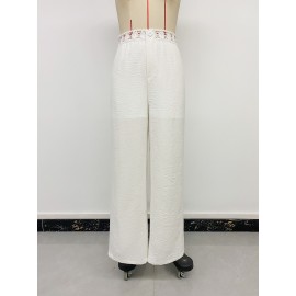 White Trousers for Women Patchwork Lace Cutout Loose Wide Leg Casual Pants