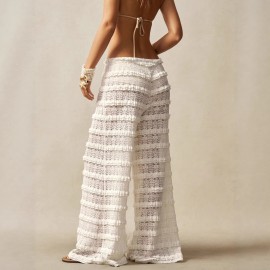 Street All Match Solid Color Lace Jacquard Hollow Out Cutout out Stitching Lace up Straight Trousers