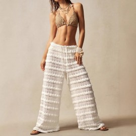 Street All Match Solid Color Lace Jacquard Hollow Out Cutout out Stitching Lace up Straight Trousers