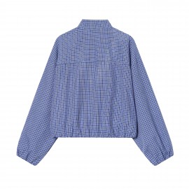 Women Clothing Elegant Bubble Long Sleeve Turtleneck Single Breasted Drawstring Plaid Shirt