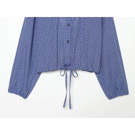 Women Clothing Elegant Bubble Long Sleeve Turtleneck Single Breasted Drawstring Plaid Shirt