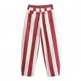 Women Clothing Summer Retro Casual Loose Striped Tapered Jeans