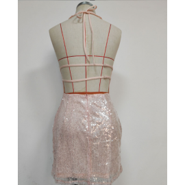Women Wear Sexy Slim Fit Hip Dress Halter Deep V Plunge neck Backless Dress Sequined Dress