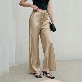 Women Clothing Drawstring Satin Trousers High Waist Solid Color Wide Leg Pants
