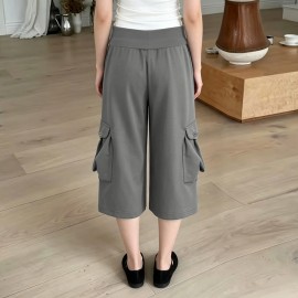 Street Work Clothes Pocket Waist Drawstring Straight Cropped Pants Casual Laid Back Loose Wide Leg Pants