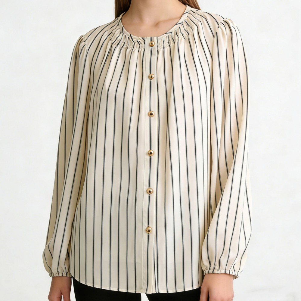 French round Neck Striped Top Women Summer Loose All Matching Lazy Striped Shirt