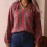 Vintage Red Grid Pattern Long Sleeved Shirt Women V neck Pinch Pleated Loose Casual Plaid Top