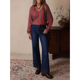 Vintage Red Grid Pattern Long Sleeved Shirt Women V neck Pinch Pleated Loose Casual Plaid Top
