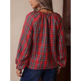 Vintage Red Grid Pattern Long Sleeved Shirt Women V neck Pinch Pleated Loose Casual Plaid Top