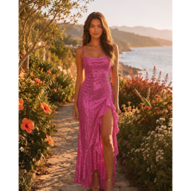Women Clothing Sexy Slit Ruffled Spaghetti Straps Maxi Dress Sequined Slim Dress Elegant Evening Dress