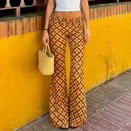 Tropical Vacation Retro Floral Printed Lace up Contrast Color Bootcut Trousers Personality Street Sexy Trousers Women