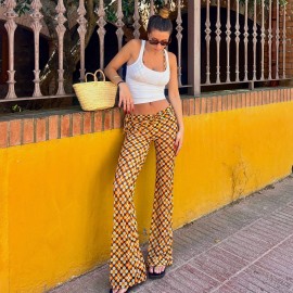 Tropical Vacation Retro Floral Printed Lace up Contrast Color Bootcut Trousers Personality Street Sexy Trousers Women