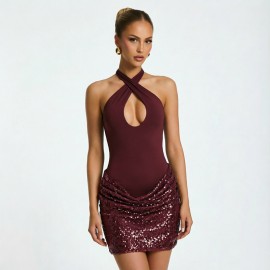 Women Clothing Autumn Solid Color Sleeveless Cross Halterneck Lace Up Hem Sequin Short Dress