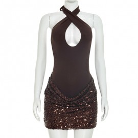 Women Clothing Autumn Solid Color Sleeveless Cross Halterneck Lace Up Hem Sequin Short Dress