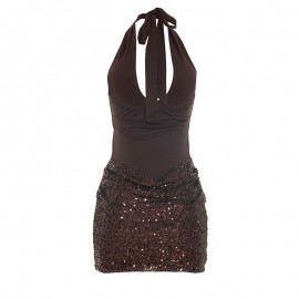 Women Clothing Autumn Solid Color Sleeveless Cross Halterneck Lace Up Hem Sequin Short Dress