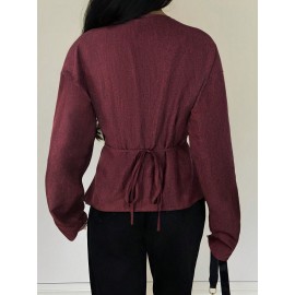 Fall Women Clothing Top Pullover Square Collar Puff Sleeve Waist Tight Sweet Elegance Shirt