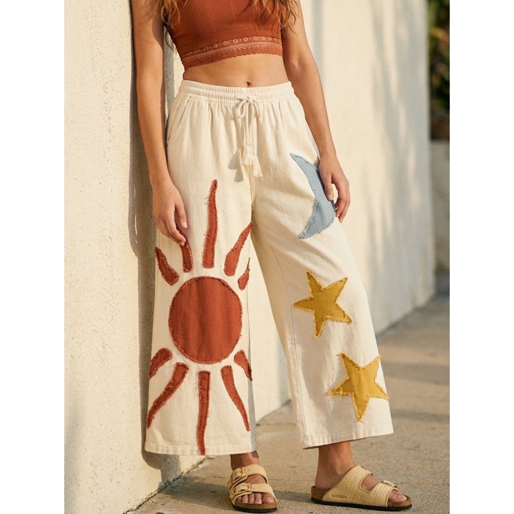 Ladies Ethnic Embroidered Sun Moon Star Wide Leg Pants Women Loose Casual Pants