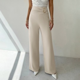 Casual Trousers for Women Autumn High Waist Metal Decoration Straight Leg Pants