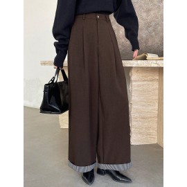 Office Retro Coffee Color Small Slim Fit Women Pants Light Luxury Wide Leg Design Loose Straight Casual Pants