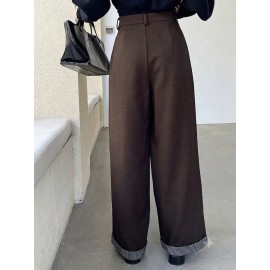 Office Retro Coffee Color Small Slim Fit Women Pants Light Luxury Wide Leg Design Loose Straight Casual Pants