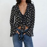 Black Background White Dot Polka Dot Top Women Lace up V neck Lightweight Skinny Long Sleeve Loose Short Cropped Outfit Shirt