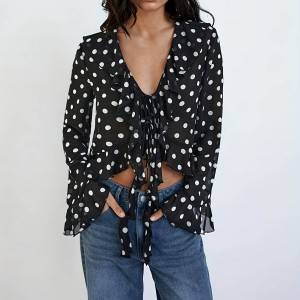 Black Background White Dot Polka Dot Top Women Lace up V neck Lightweight Skinny Long Sleeve Loose Short Cropped Outfit Shirt