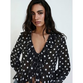 Black Background White Dot Polka Dot Top Women Lace up V neck Lightweight Skinny Long Sleeve Loose Short Cropped Outfit Shirt