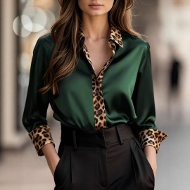 Spring Autumn Commuting Figure Flattering Long Sleeve Leopard Print Round Neck Patchwork Satin Blouse For Women