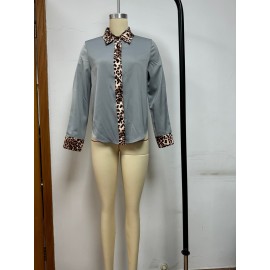 Spring Autumn Commuting Figure Flattering Long Sleeve Leopard Print Round Neck Patchwork Satin Blouse For Women