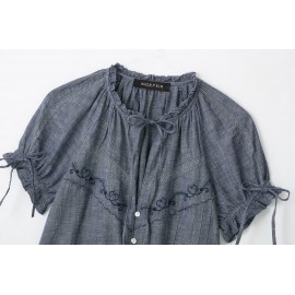 Women Clothing Summer Vintage Bow Embroidery Loose Short Sleeve Shirt