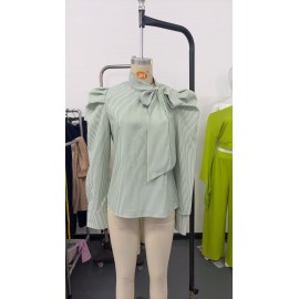 French Vertical Striped Bubble Stand up Collar Bowknot Large Ribbon Lace up Shirt