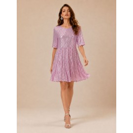 Sequined Short Sleeve A line Dress Cocktail Women Short Dress