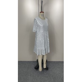 Sequined Short Sleeve A line Dress Cocktail Women Short Dress