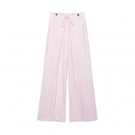 Women Clothing Autumn Winter Fashionable Casual Adjustable Waist Striped Trousers