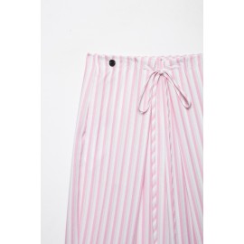Women Clothing Autumn Winter Fashionable Casual Adjustable Waist Striped Trousers