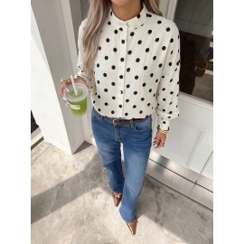 Vintage Loose Collared Polka Dot Long Sleeve Shirt Women