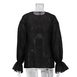 Women Clothing Street Sexy See through Sun Protection Shirt Summer round Neck Bell Sleeve Top