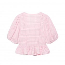 Sweet Girlish Age Reducing Plaid Puff Sleeve Shirt Waist Tight Ruffle Swing Top