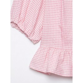 Sweet Girlish Age Reducing Plaid Puff Sleeve Shirt Waist Tight Ruffle Swing Top