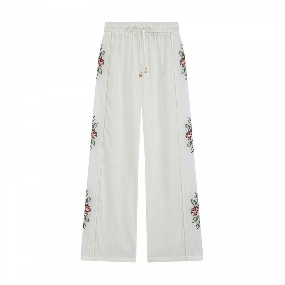 Women Clothing Summer Casual Side Striped Embroidered Ribbon Straight Leg Pants