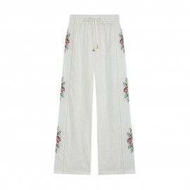 Women Clothing Summer Casual Side Striped Embroidered Ribbon Straight Leg Pants