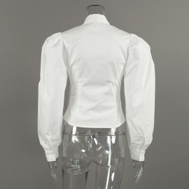 French Royal White Shirt Women Cotton Puff Sleeve Bow Lace up Waist High Grade Long Sleeve Top