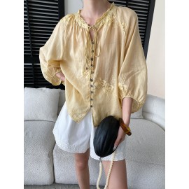 Light Oxygen Gentle 100 Ramie Stringy Selvedge Lace up Machine Embroidery Lantern Sleeve Shirt